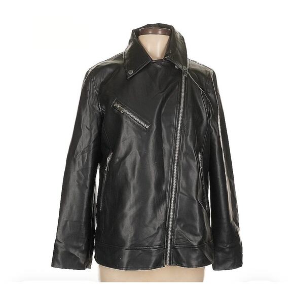 Avec Les Filles Cropped Black Faux Leather Biker Jacket Zip Close Size Large - Picture 1 of 6